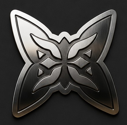 A metallic silver 3D emblem or badge featuring a symmetrical butterfly-like design with geometric cutouts on a dark background.