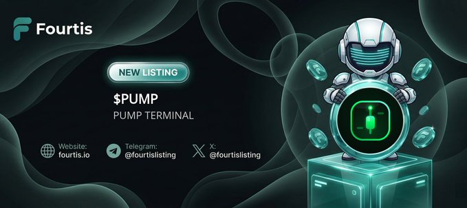 The image features a poster for fourtis.io's new listing service or pump terminal. The poster includes various text elements, such as the name "fourtis" written in white at the top, the hashtag "#newlisting", and an image of a robot holding a cupcake on its head near a green circle with the number "5teQdcVxwaMGcm5LawKgRDpnyd14MPMExjmtDi7ypump PRICE: $0.000002291". The poster also mentions that this listing service is related to altcoins and that it can be found on Fourtis.io's website, telegram or via social media.
