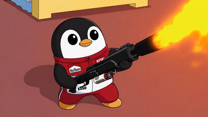 The image features a cartoon penguin wearing red and white clothing, holding a gun that has a flame coming out of it. The background shows a pinkish-red color with some text visible, which seems to be related to the post about the airdrop season.