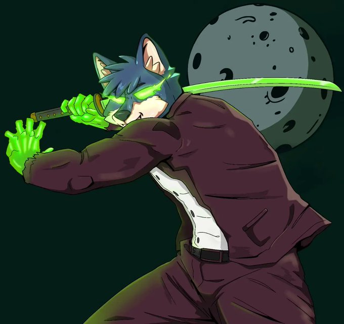 The image features an animated character dressed as a man with a green sword held in his right hand while wearing a purple suit with pants cinched at the waist. The background of the image is dark, giving a sense of mystery or intrigue. The caption for this image reads "Afternoon CT Decided to join @wolfswapdotapp 's weekly campaign. - $500 for the top 20 creators every week. - Season 35 has just begun".