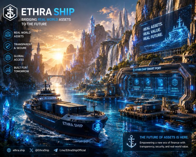 A promotional banner for 'ETHRA SHIP' featuring a futuristic cargo ship at a smart port, with text 'BRIDGING REAL WORLD ASSETS TO THE FUTURE' and features like 'REAL WORLD ASSETS', 'TRANSPARENT & SECURE', 'GLOBAL ACCESS', and 'BUILT FOR TOMORROW'.