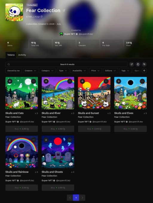 A digital marketplace page displays the 'Fear Collection' NFT series by 'Super NFT' and '@superft.tez', featuring various items like 'Skulls and Cats', 'Skulls and River', and 'Skulls and Sunset' priced at 2.50 tz.