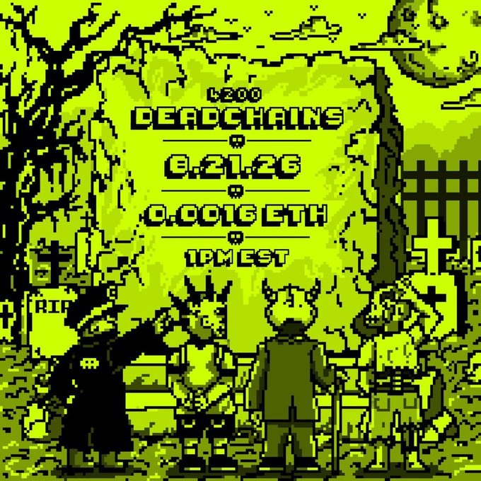 A pixel-art graveyard scene in neon green and black shows three figures (a grim reaper and two horned characters) standing before a tombstone displaying giveaway details: "DEADCHAINS," "4,200," "0.21.26," "0.0016 ETH," and "1PM EST," which visually reinforces the Halloween-themed Deadchains NFT giveaway with its 4,200 supply and 0.0016 ETH mint price.