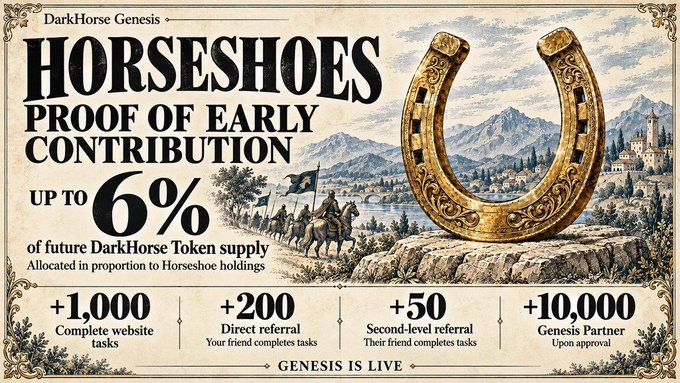 A promotional banner for 'DarkHorse Genesis' advertising 'HORSESHOES PROOF OF EARLY CONTRIBUTION' with a golden horseshoe and a 6% token supply offer.