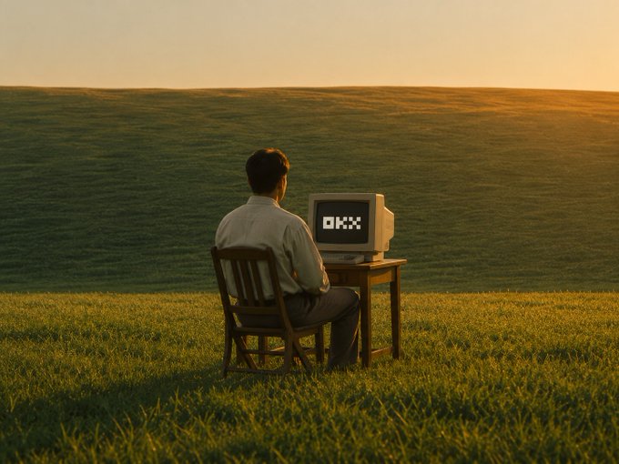 A surreal image of a person sitting in a wooden chair at a small desk with an old computer monitor displaying 'OKX', looking out over rolling green hills at sunset.