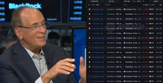 A man appears on the left side of the image, likely a BlackRock executive, with a series of blockchain transaction records from Arkham Intelligence displayed on the right, showing significant transfers of Bitcoin (BTC) and Ethereum (ETH) from BlackRock-labeled addresses (including "BlackRock: Coinbase Prime" and "BlackRock: IBIT") to Coinbase, with transaction values such as 1.514 BTC ($87,420), 209.413 BTC ($16.59M), and 296.414 BTC ($23.35M) occurring in the past 6-15 minutes.