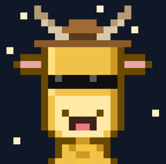 Pixel art illustration of a brown and yellow animal character with antlers wearing sunglasses, set against a dark starry background.