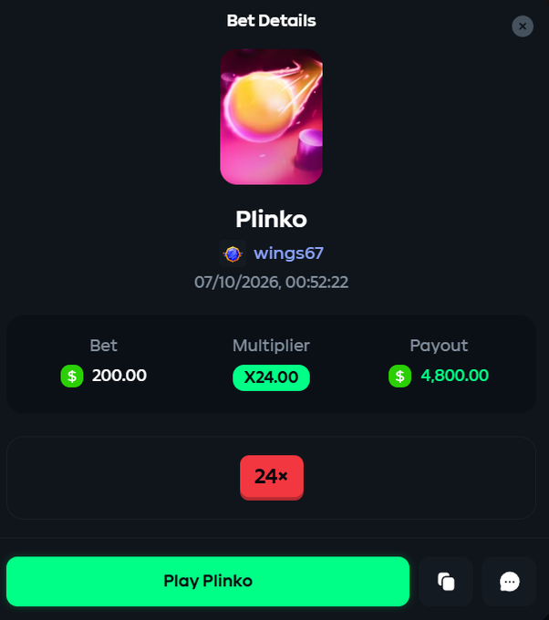 A user named wings67 shares a Plinko bet details screen showing a $200 bet that hit a 24× multiplier for a $4,800 payout, in response to the post offering betting tips. The image serves as proof of a successful high-multiplier win to support their tip-giving offer.