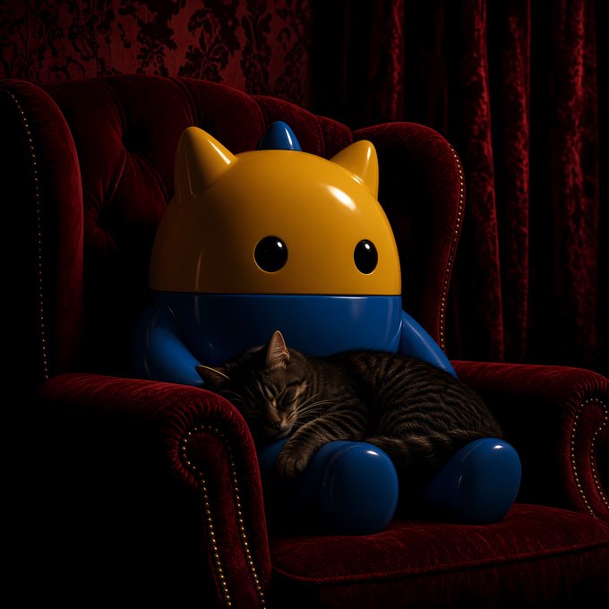 An AI-generated image depicts a glossy yellow and blue cat-like robot figure sitting on a dark red velvet armchair, cradling a sleeping tabby cat in its lap.