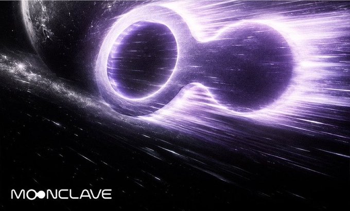 A purple cosmic-themed promotional image for Moonclave showing an infinity symbol or interconnected rings against a space background with planets and stars.