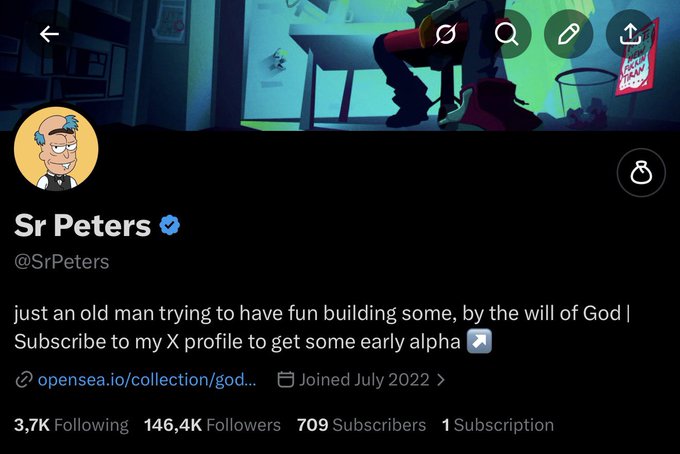 X (Twitter) profile page for 'Sr Peters' (@SrPeters) with 146.4K followers, describing himself as 'just an old man trying to have fun building some' with an OpenSea collection link.