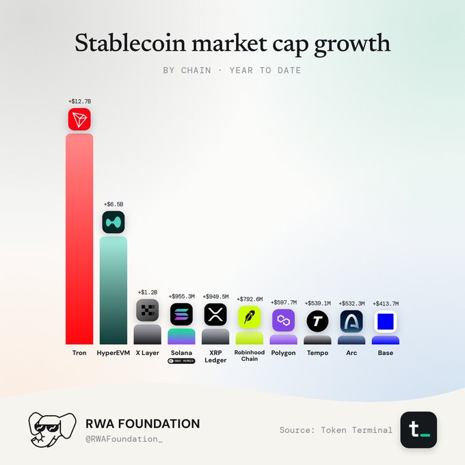 A chart titled 'Stablecoin market cap growth BY CHAIN • YEAR TO DATE' from 'RWA Foundation' (@RWAFoundation_) sourced from Token Terminal, showing Tron leading with +$12.7B growth, then HyperEVMal with +$6.5B, followed by smaller amounts on X Layer, Solana, XRP Ledger, Robinhood Chain, Polygon, Tempo, Arc, and Base.