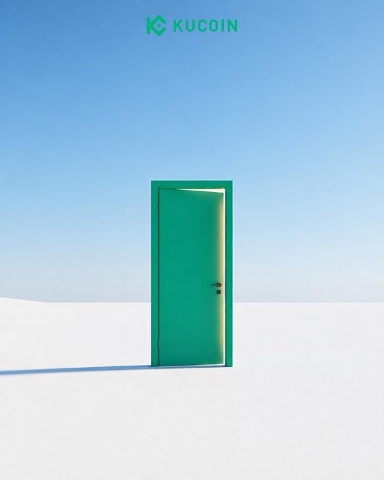 A teal green door stands ajar in a vast white landscape under a blue sky, with the "KuCoin" logo at the top, symbolizing the gateway to the next bull run and a portal to market alpha.