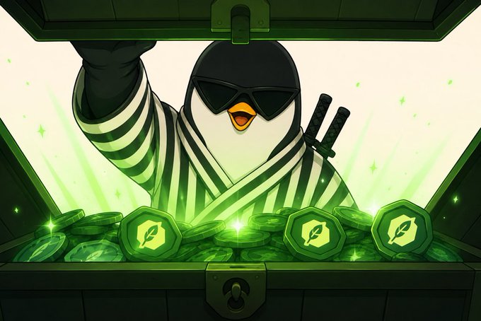 A cartoon penguin dressed as a ninja with sunglasses and swords emerges from a treasure chest overflowing with glowing green coins marked with a feather/quill logo.