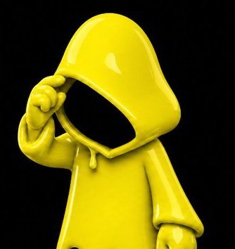 A glossy yellow 3D figurine of a hooded character pulling back its hood, with a melting droplet effect against a black background.