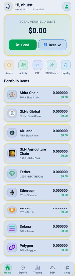 A mobile screenshot of the SwapPay wallet app displays the "Hi, nhutst" account (0x4a5f0d2c...) showing $0.00 total verified assets and a portfolio of Sidra Chain-based tokens (SDA, GLN, AIR, GACP), along with other major cryptocurrencies like USDT, ETH, BTC, SOL, and POL—all with 0.000000 balances. The image illustrates a user interface for managing and trading various crypto assets on the Sidra Chain ecosystem, supporting the post's discussion about available trading venues for the ACE token.
