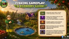 The image shows a poster for a fishing game with an advertisement for a free two-air download. The poster features a man holding a fishing rod, surrounded by trees and a river. There are also descriptions of the game's economy guide on the poster.
