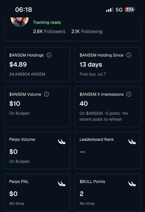 Mobile app dashboard showing a crypto tracking profile with 2.6K followers and 2.1K following, displaying $ANSEM Holdings at $4.89 (24.446904 ANSEM), held for 13 days since Jul 7, along with volume, impressions, and $BULL Points metrics.