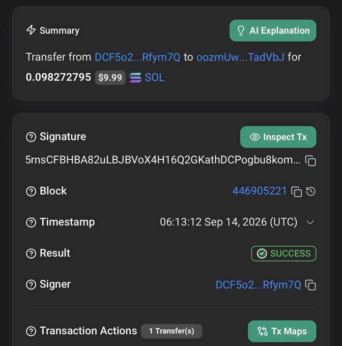A Solana blockchain transaction details panel shows a successful transfer of 0.098272795 SOL (~$9.99) from wallet DCF5o2...Rfym7Q to oozmUw...TadVbJ, processed in block 446905221 at 06:13:12 UTC on Sep 14, 2026. The image serves as proof of a payout being sent, likely fulfilling the "First winner paid" announcement from the accompanying post, which instructed participants to perform tasks and tag friends to be eligible for the reward.