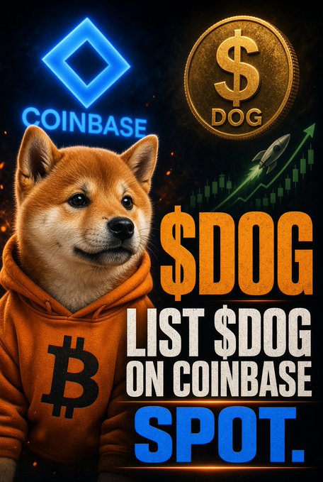 Promotional graphic featuring a Shiba Inu in an orange Bitcoin hoodie alongside text 'LIST $DOG ON COINBASE SPOT'.
