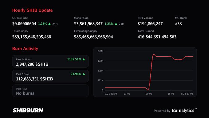 A SHIB Burn dashboard showing hourly SHIB updates with a price of $0.00000604, market cap of $3,561,968,347, and burn activity of 2,047,206 $SHIB in the past 24 hours, with a burn activity graph and ShibaBurn/Burnalytics branding.
