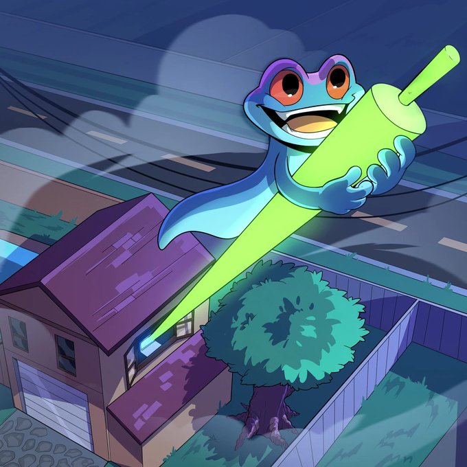 A cartoon frog with large red eyes holding a giant green crayon, appearing to draw over a suburban house and tree at night.