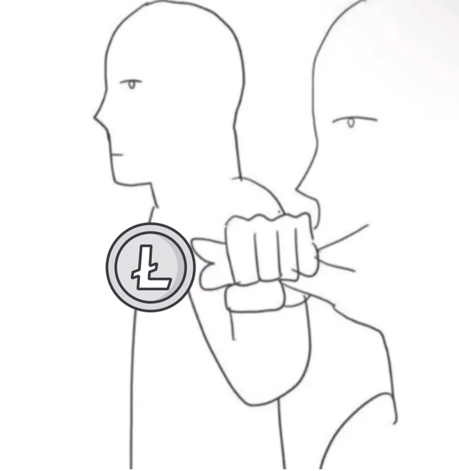 A line drawing shows a side-profile head being struck in the neck/throat area from behind by a fist of another figure, with a silver Litecoin (Ł) cryptocurrency coin overlaid on the throat. The image visually represents a "chokehold" or choke point associated with the Litecoin symbol.