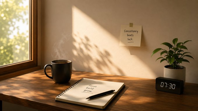 A sunlit wooden desk scene with a steaming coffee mug, an open notebook reading 'Focus build grow', a sticky note saying 'Consistency beats luck.', a potted plant, and a digital clock showing 07:30.