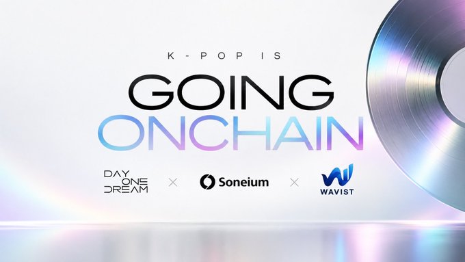 Promotional banner for 'K-POP IS GOING ONCHAIN' featuring a metallic disc graphic, with collaboration logos for Day One Dream, Soneium, and Wavist.