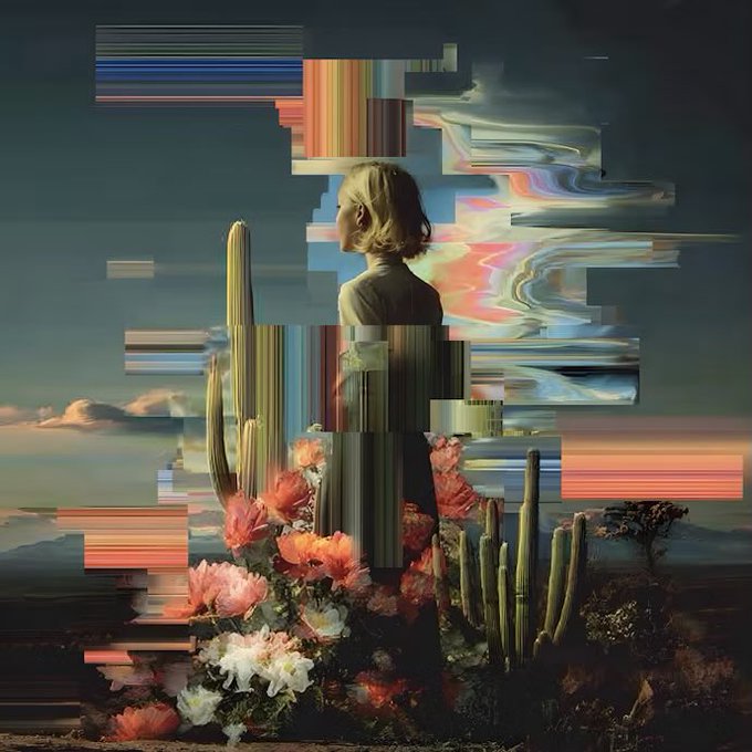 A surreal digital artwork showing a blonde woman in a dress standing among desert cacti and flowers, with glitch-like colorful horizontal distortions overlaying the scene.