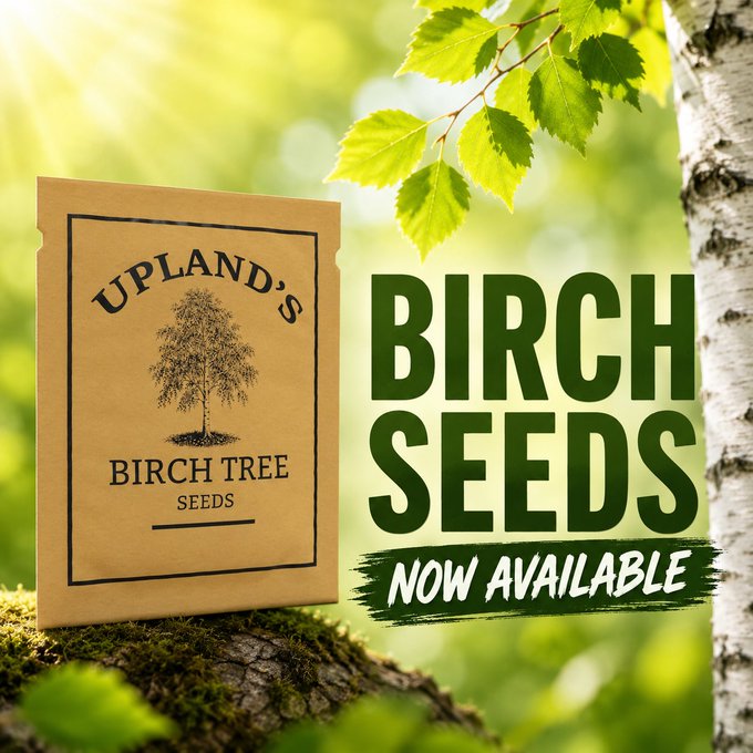 A kraft paper seed packet labeled "UPLAND'S BIRCH TREE SEEDS" sits on moss against a sunlit forest backdrop with birch leaves, promoting "BIRCH SEEDS NOW AVAILABLE" in bold green text—visually reinforcing the announcement that players can begin generating their own birch seeds in Upland.
