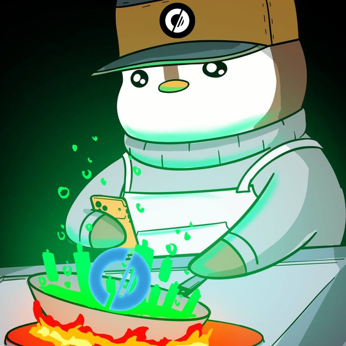 The image features a cartoon penguin wearing an apron and hat standing next to a pan filled with food. The penguin appears to be cooking, holding a cell phone up to its face as if using it for guidance or entertainment while preparing the meal. The scene is set against a dark background, which contrasts with the colorful elements of the image.

The post seems to be discussing the concept of building a yield layer on Solana's blockchain, and it references @solsticefi, implying that the penguin might have an interest in cryptocurrency or blockchain technology.