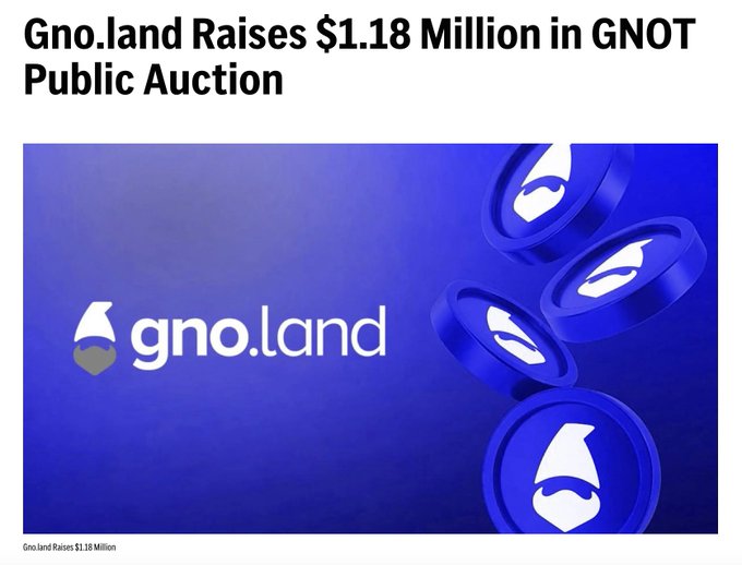 A news headline reading 'Gno.land Raises $1.18 Million in GNOT Public Auction' displayed above the gno.land logo and 3D blue token graphics.