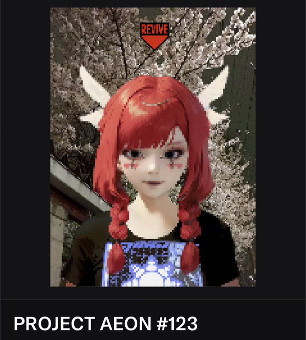 A 3D anime-style avatar with red braided hair, white angelic wings, and a "REVIVE" tag is displayed against a backdrop of cherry blossoms, captioned "PROJECT AEON #123." The image illustrates the ÆON character receiving her wings, with the "Revive-Red" trait (3% rarity) represented by the red "REVIVE" marker above her head.