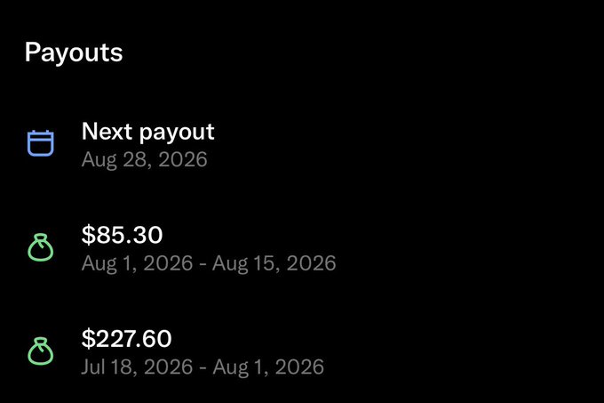 A payouts screen on a dark background shows a next payout scheduled for Aug 28, 2026, along with completed payouts of $85.30 for Aug 1-15, 2026, and $227.60 for Jul 18-Aug 1, 2026.