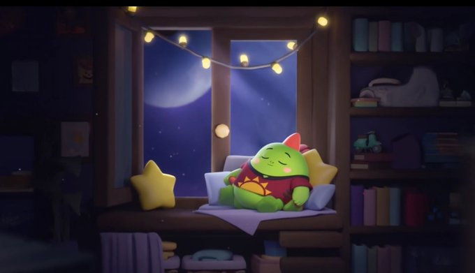 An animated illustration shows a small green character with red fins sleeping peacefully on a window seat under string lights, with a starry night sky visible through the window.