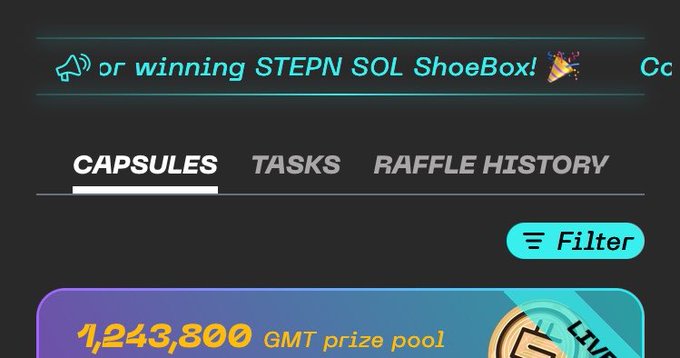 A screenshot of a STEPN app interface showing a banner about winning 'STEPN SOL ShoeBox,' tabs for Capsules/Tasks/Raffle History, and a GMT prize pool of 1,243,800.