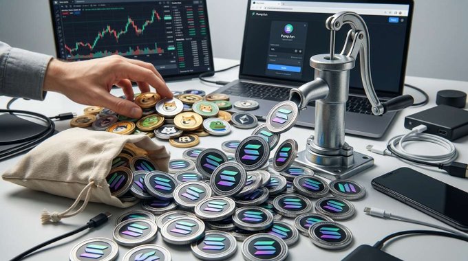 A person's hand reaching for a pile of physical and digital Solana (SOL) tokens, with a chart-displaying monitor and laptop showing Phantom wallet in the background, alongside a faucet-like object and cables.