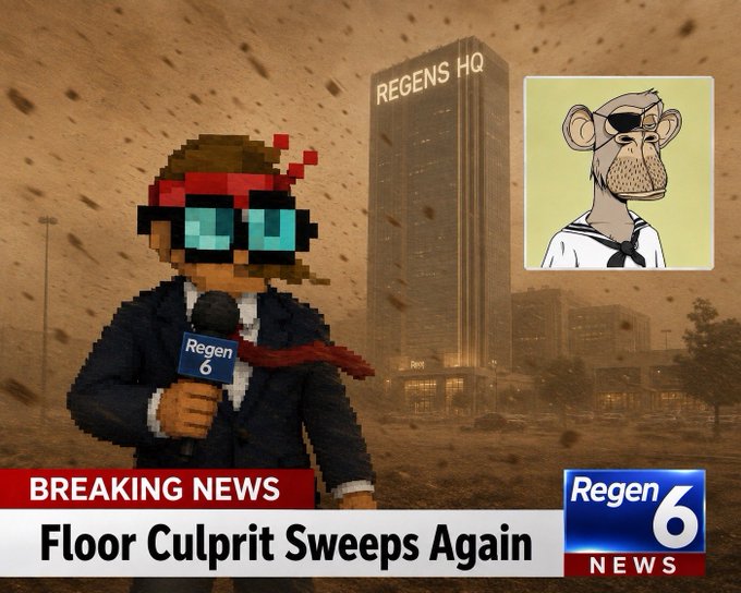 A breaking news graphic featuring a pixel art reporter with sunglasses and red bandana, holding a 'Regen 6' microphone. The headline reads 'Floor Culprit Sweeps Again' with a Bored Ape-style monkey in the corner and 'REGENS HQ' visible in the dusty background.