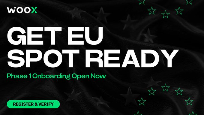A promotional banner for WOO X with text "GET EU SPOT READY", "Phase 1 Onboarding Open Now", and a "REGISTER & VERIFY" button against a black star-patterned background.