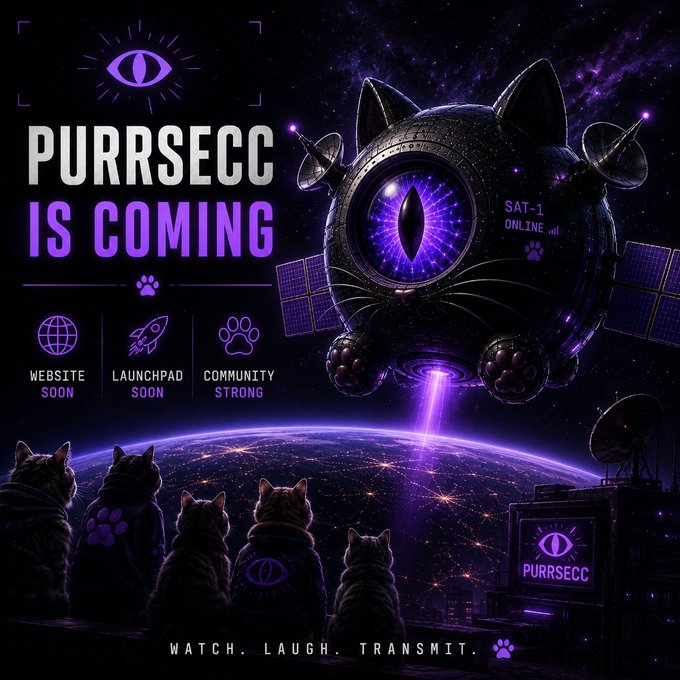 A futuristic space-themed promotional poster for 'PURRSECC IS COMING' featuring a giant cat-shaped satellite with a glowing purple eye orbiting Earth, with sections for Website, Launchpad, and Community, and the tagline 'WATCH. LAUGH. TRANSMIT.'