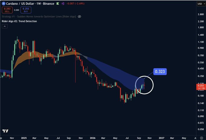 A weekly candlestick chart of Cardano/US Dollar (ADA) shows the price at 0.253, with a label marking 0.323 resistance as the cryptocurrency re-enters the bearish Optimizer Lines band—visually illustrating the post's scenarios where a close above 0.323 would flip bullish while a rejection inside the band suggests range-bound conditions.