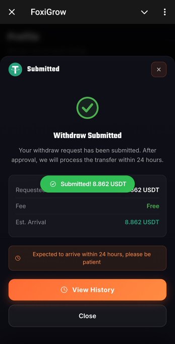 The image shows a FoxiGrow withdrawal confirmation screen displaying "Withdraw Submitted" for 8.862 USDT with an expected arrival within 24 hours and no fees. This confirms the successful $8 USDT withdrawal to the user's Gate.io account mentioned in the post.