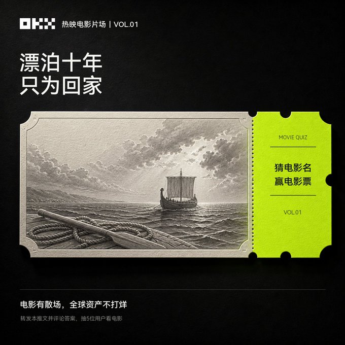 A promotional poster with Chinese text '漂泊十年 只为回家' (Drifting for ten years, only to return home) featuring a vintage illustration of a sailboat at sea, advertising a movie quiz with '热映电影专场 VOL.01'.
