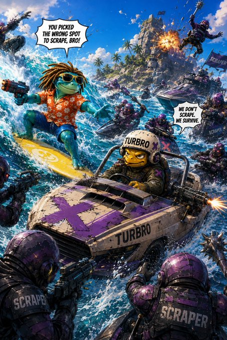 A vibrant action-style illustration of two cartoon characters—a surfer on a yellow board and a driver in a "TURBRO" buggy—being pursued by purple armored "SCRAPER" soldiers, with dialogue bubbles reading "YOU PICKED THE WRONG SPOT TO SCRAPE, BRO!" and "WE DON'T SCRAPE. WE SURVIVE."