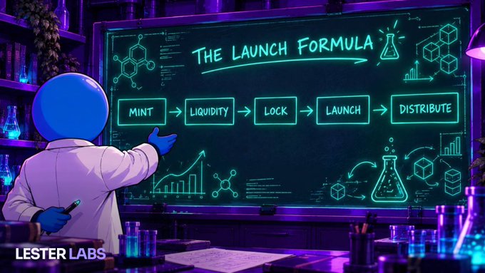 A neon-lit illustration of a blue character in a lab coat pointing at a chalkboard titled "THE LAUNCH FORMULA," which outlines a flowchart: MINT → LIQUIDITY → LOCK → LAUNCH → DISTRIBUTE, branded with "LESTER LABS" in the corner.