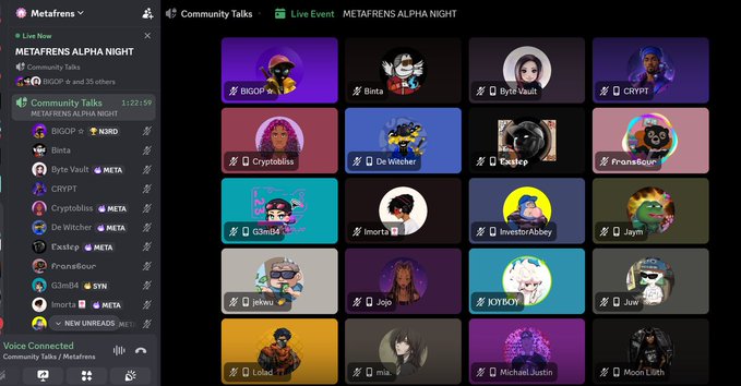 The image shows a screenshot of a Metafrens platform interface displaying a "Community Talks" space titled "METAFRENS ALPHA NIGHT" with 26 others in a Live Event, featuring a grid of 20 user avatars with names like Binta, Byte Vault, CRYPT, Cryptobliss, De Witcher, Exstep, Frons&cur, G3mB4, Imortls, InvestorAbbey, Jaym, Jøkku, Jojo, JOYBOY, Juv... , Lølsad, mia, Michael Justin, and Moon Lilith. The screenshot captures the active participation in the Metafrens Alpha Night event, illustrating the "brrrrr" energy of the community talks the post enthusiastically references.