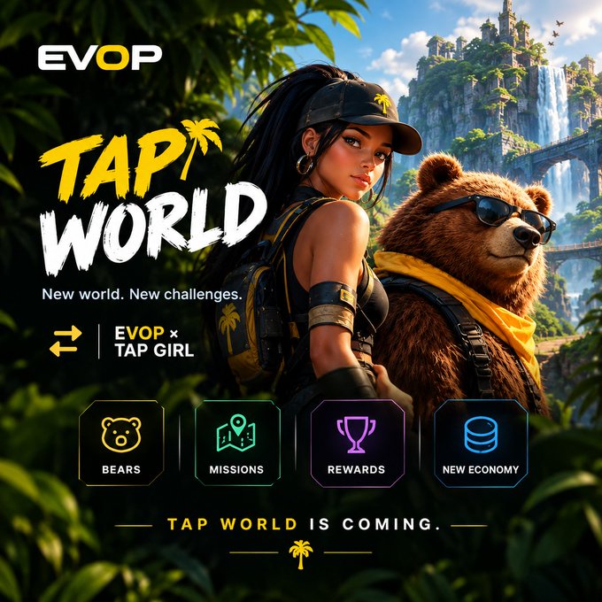 An EVOP promotional graphic for 'TAP WORLD' features an illustrated woman and a brown bear wearing sunglasses in a jungle setting, with icons for BEARS, MISSIONS, REWARDS, and NEW ECONOMY.