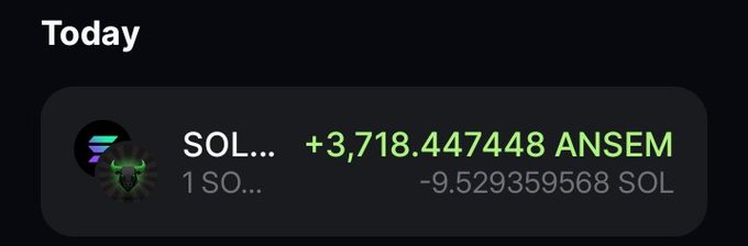 The image displays a crypto transaction showing a swap of SOL for +3,718.447448 ANSEM tokens at a cost of -9.529359568 SOL, supporting the post's theme of regularly accumulating (DCA) $ANSEM tokens.