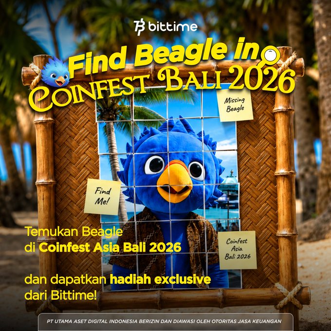 A promotional image for 'Bittime' featuring 'Find Beagle in Coinfest Bali 2026' with a blue bird mascot on a beach background.